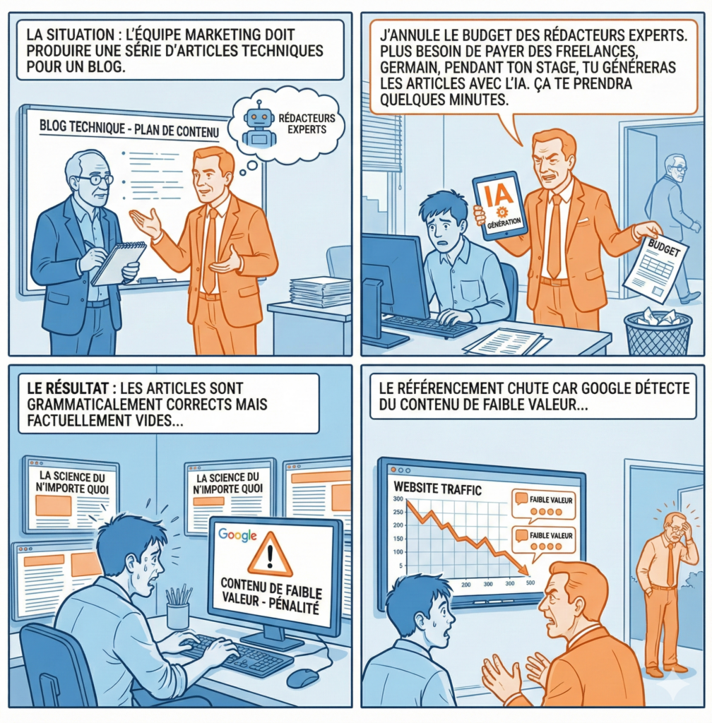 Le responsable de l'équipe marketing croit bon de supprimer le budget des rédacteurs pour confier la production d'articles à l'IA. Les résultats sont désastreux. Il a confondu "générer du texte" et "produire de la valeur"