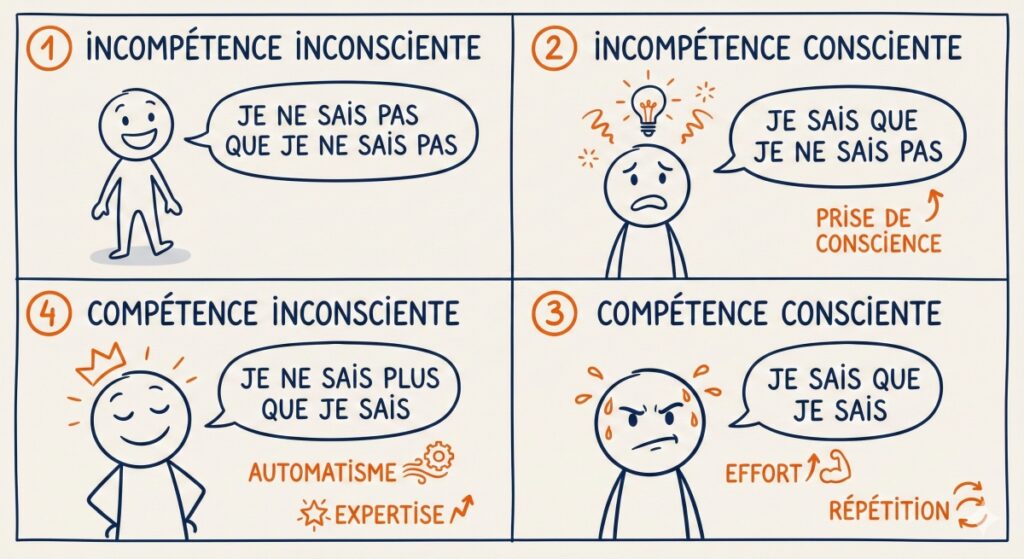 4 stades de compétence : incompétence inconscienteincompétence conscientecompétence conscientecompétence inconsciente